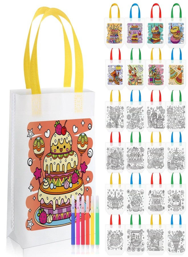 SilTriangle 24 Pieces Birthday Coloring Goodies Bags with 144 Makers Cake Recycle Bags DIY Painting Art Coloring Gifts Totes Color Your Own Totes for Kids Crafts Birthday Party Favors - Image 1